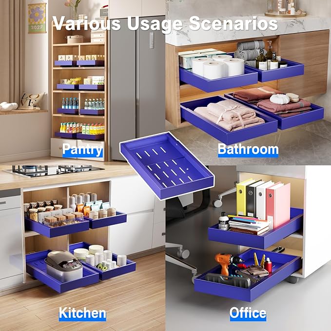 2 Pack Pull Out Cabinet Organizer,21.8" Deep Slide Out Drawer for Cabinets Adhesive Pull Out Drawers Heavy Duty Pull Out Shelves for Kitchen,Cupboard,Pantry,Bathroom-Blue