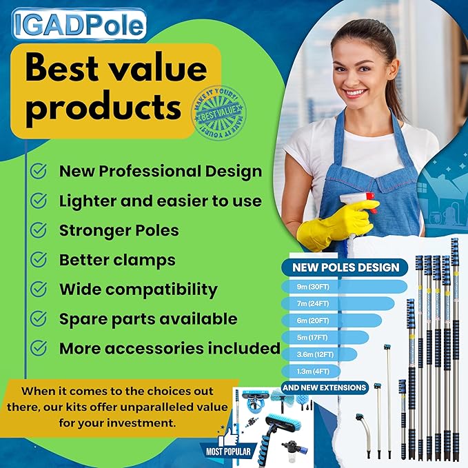 17Ft IGADPole Washing Kit: Water-fed Brush, Cobweb Duster and 10” Squeegee and Soap Dispenser, with 4-Stage Telescoping Pole 5-17ft Pole
