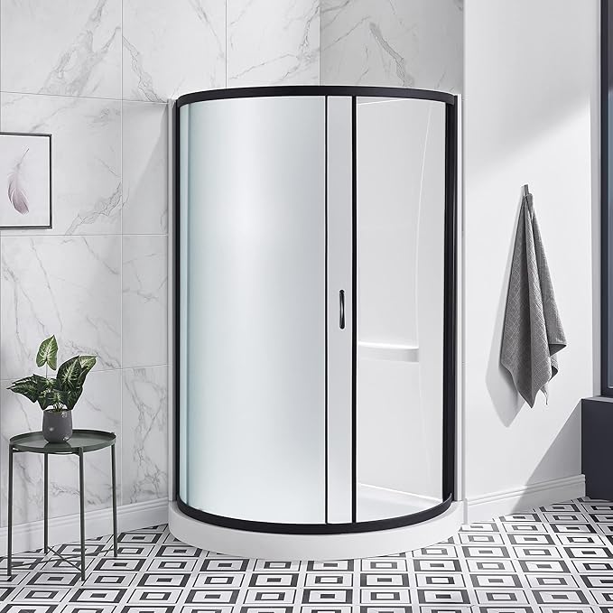 OVE Decors Breeze 36 in. Corner Shower Frosted Sliding Door with Base in Black Finish