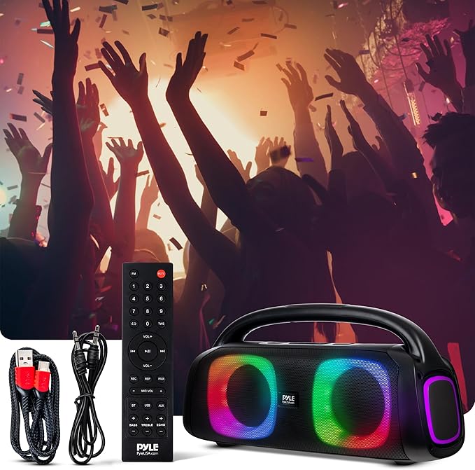 Pyle Portable Bluetooth Speaker Boombox with Dual 5” High-Performance Wireless Speakers, 160W Power, Rechargeable Battery, Mic Priority, USB/Micro SD/AUX/FM Radio, LED Ring Light, Outdoor Speaker