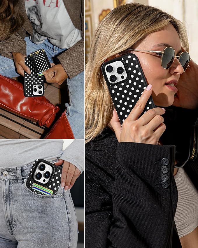 Shorogyt for iPhone 12 Pro Max Case Wallet - Fits 5 Cards, Compatible with Magsafe Detachable Magnetic Credit Card Holder Leather Cardholder Cute Phone Cover Women Girl for Apple 12 ProMax, Polka Dots