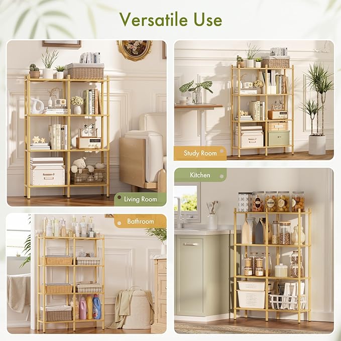 4 Tier Bookshelf, Bamboo Bookcase with Shelves, 8 Open Display Bookshelves Storage Organizer, Industrial Book Shelf Standing Shelf Unit for Bedroom, Living Room, Bathroom, Home Office