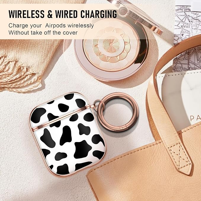 Maxjoy for AirPods 2nd Generation Case, Unique Design Hard Protective Shockproof Airpods Case Cover with Keychain Compatible with Apple AirPods 1st and 2nd Charging Case, Black White Cow