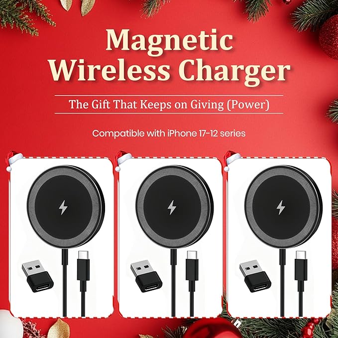 Magnetic Wireless Charger Charging Pad: 15W Qi Fast Portable Slim Charger Puck for iPhone 17e 17 Air 17 Pro Max 16 15 14 13 12 Series S26 & AirPods 4 3 2 Pro - Include USB-C/A Dual Ports (3Pack Black)