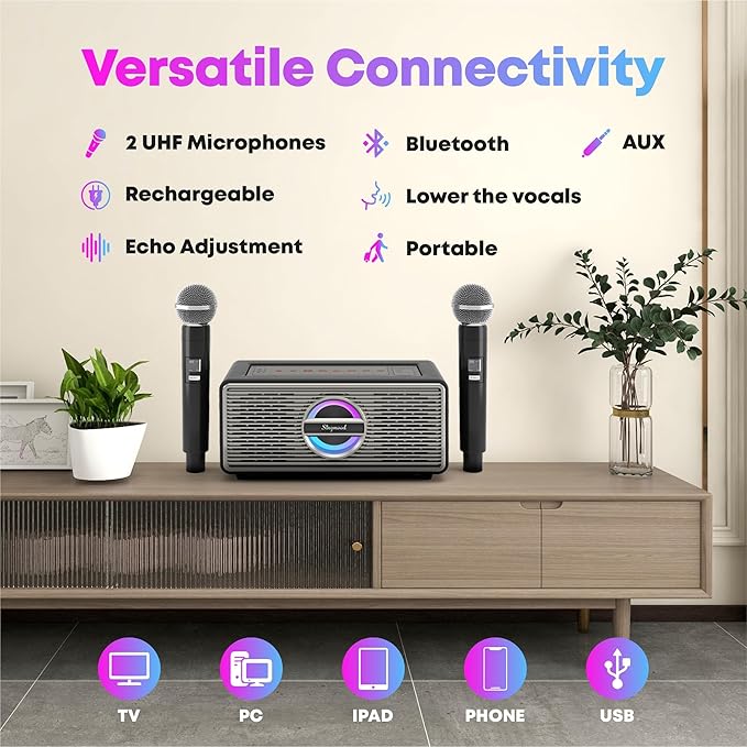 Karaoke Machine with 2 UHF Mic Subwoofer Home Theater Audio Sound Bar Support Optical/Bluetooth/AUX/USB/PC Wooden Karaoke Singing Machine for TV, Home, Karaoke, Singing Party, Christmas (S-330)
