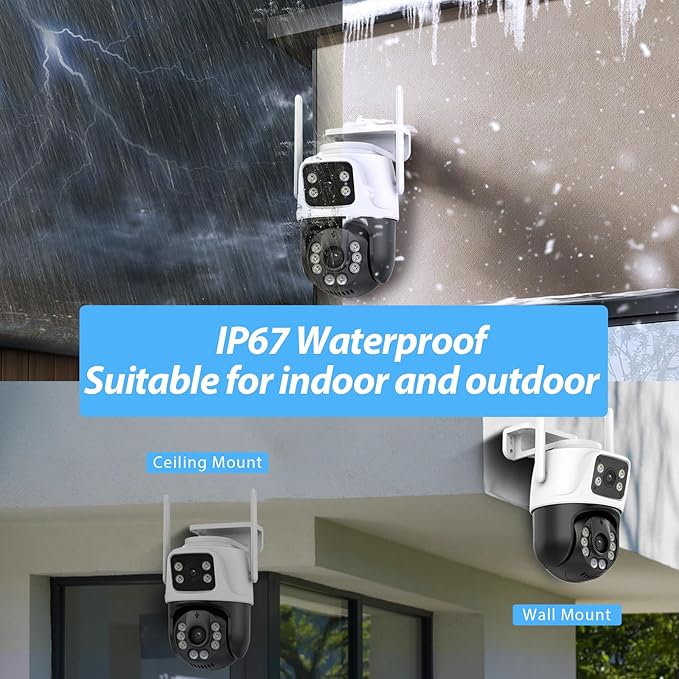 6MP Security Camera Outdoor, 360°PTZ Surveillance System, Dual Lens Security Camera 2.4Ghz 24/7 Record IP66 WiFi Camera for Home Security with Motion Detection, Color Night Vision,Two-Way Audio(White)
