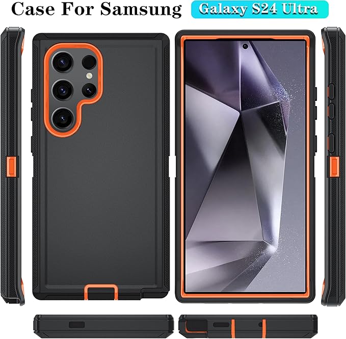 ONOLA Compatible with Samsung Galaxy S24 Ultra Case with HD Screen Protector, Heavy Duty Shockproof & Dropproof 3-Layer Cover Phone Case,BlackOrange
