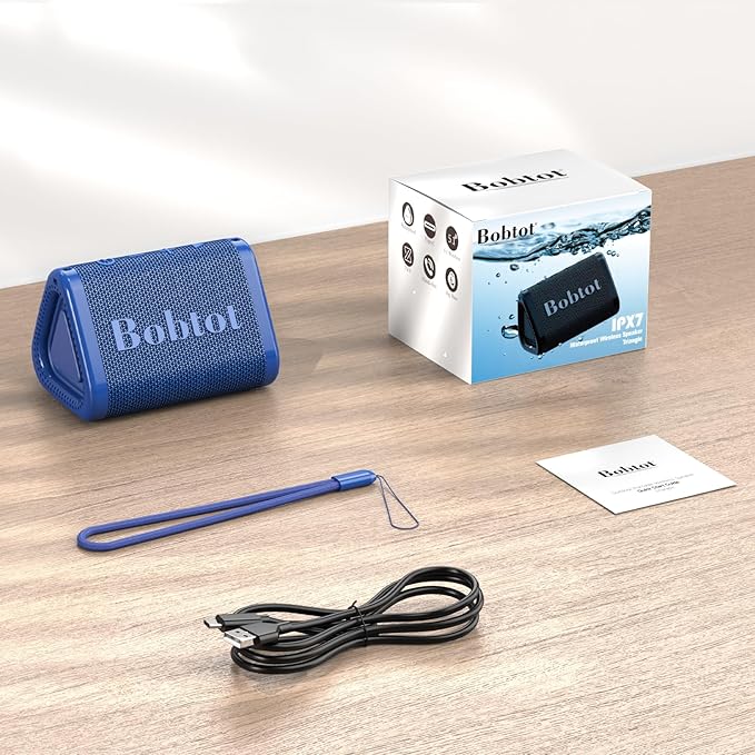 Bobtot Portable Bluetooth Speaker Wireless, IPX7 Small Shower Speaker Waterproof, 15H Playing Time, Loud and Stereo Sound with Bass, TWS Pairing for Party, Camping, Travel, Blue