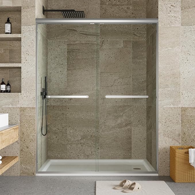 Sliding Shower Door 56–60 inch W× 72 inch H, Frameless Double Sliding Glass Panels with 8mm Tempered Glass, Brushed Silver, Modern Shower Enclosure for Walk-in Bathroom Upgrade