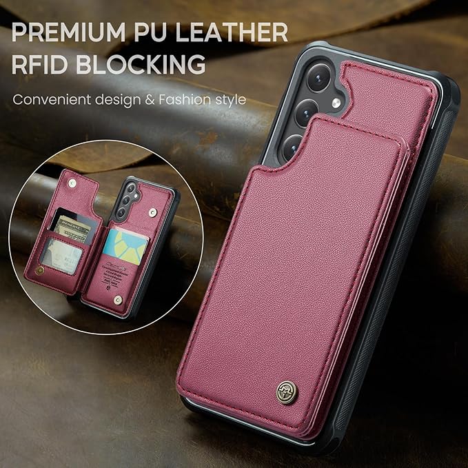 Bemal for Samsung Galaxy S24 Wallet Case with Card Holder, RFID Blocking, Shockproof Leather Kickstand for Men and Women, Durable Protective Phone Cover for 6.2", Wine Red