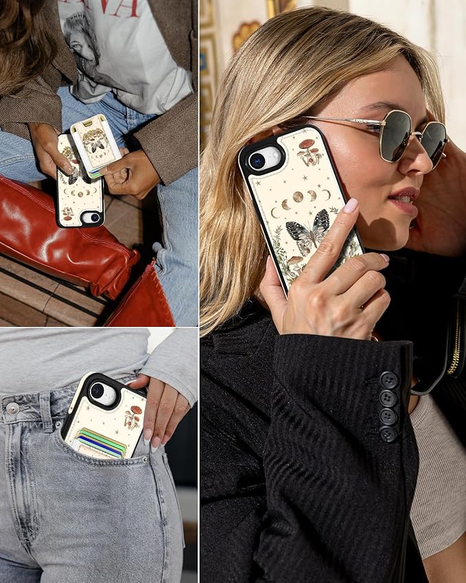 Shorogyt for iPhone 17e/16e Wallet Case - Fits 5 Cards, Compatible with Magsafe Detachable Magnetic Credit Card Holder Leather Cardholder Cute Phone Cover Women Girls for Apple 17e/16e, Moon Butterfly