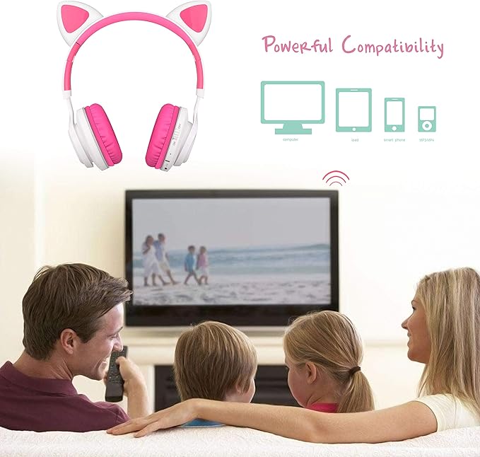 Riwbox CT-7 Cat Ear Bluetooth Headphones, LED Light Up Bluetooth Wireless Over Ear Headphones with Microphone and Volume Control for Travel/School/Smartphones/Laptop/PC/TV (White&Pink)