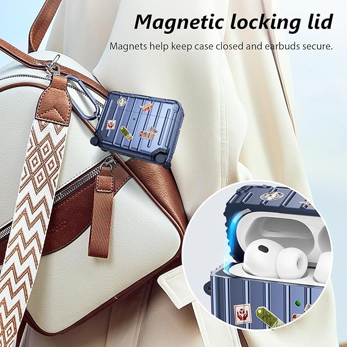 Filoto Compatible with Airpods Pro 3 Case 2025, Cute Fashion Suitcase Design for Airpods Pro 3rd Generation Case Cover, Shockproof Protective Hard Case with Keychain/Cleaner Kit Blue