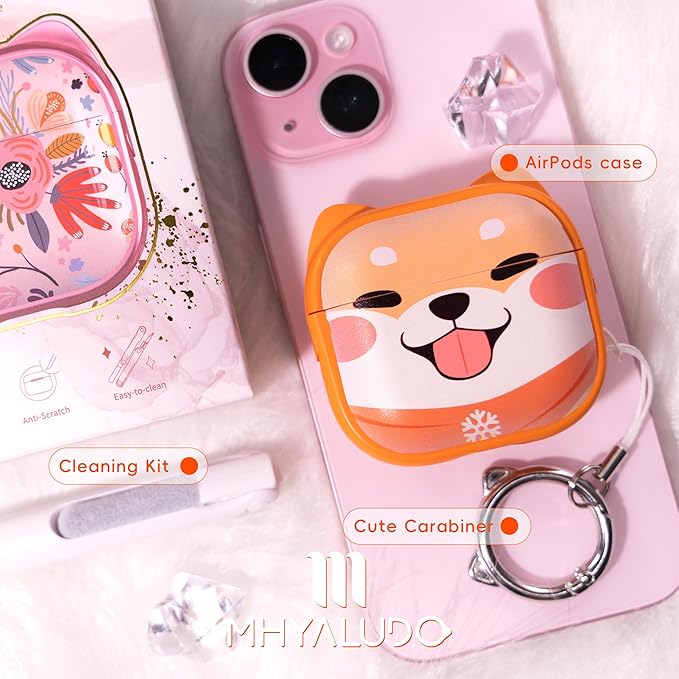 for AirPods 4 Case with Cleaning Kit, Cute Cat Ear Print Design & Cute Buckle, Inverted Phone Holder Design, Top Safe Lock Buckle Design, for Girls AirPods 4 case 2024, Orange Dog