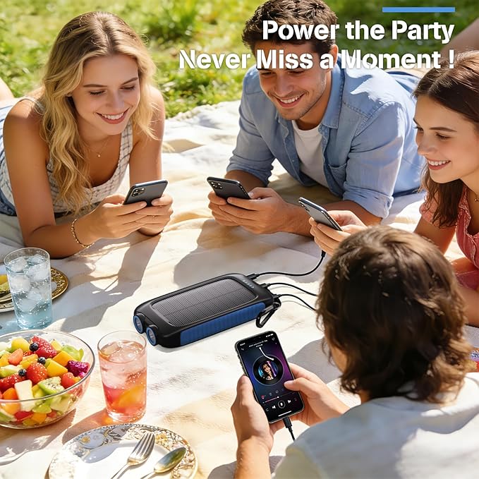 Portable Charger Solar Power Bank 8000mAh with USB-A and USB-C 5V/3A Output Port Blue Battery Pack Compatible with iPhone, Samsung, Waterproof Emergency LED Flashlights Perfect for Camping, Hiking
