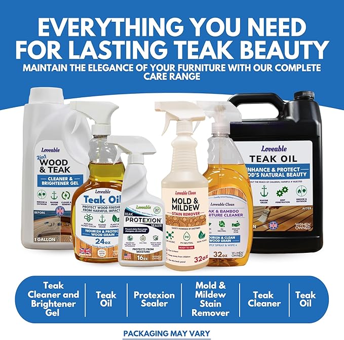 Loveable EcoDecors Complete Teak Care Bundle - 24oz Teak Oil, 32oz Cleaner, 16oz Protexion, and 32oz Stain Remover