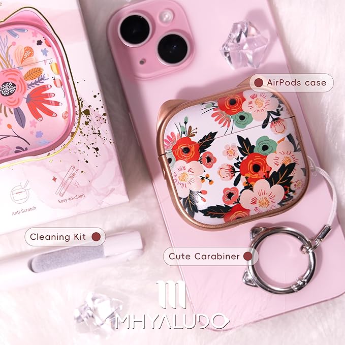for AirPods 4 Case with Cleaning Kit, Cute Cat Ear Print Design & Cute Buckle, Inverted Phone Holder Design, Top Safe Lock Buckle Design, for Girls AirPods 4 case 2024, Rose Gold Flower