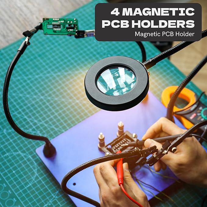 Helping Hands Soldering Station Kit with Magnifying Lamp, Fixed Arms, Brass Sponge Cleaner & Desoldering Wick, Third Hand Soldering Tool for PCB Repair, Electronics Assembly & Projects