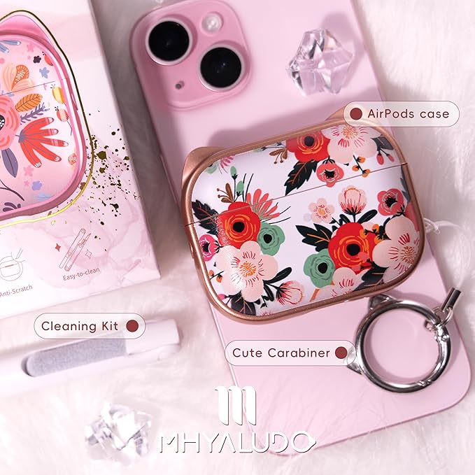 for AirPods Pro 2 Case with Cleaning Kit, Cute Cat Ear Print Design & Cute Buckle for Girls, Phone Holder & Top Safe Lock Buckle Design for AirPods Pro 2nd/1st Gen case, Rose Gold Flower