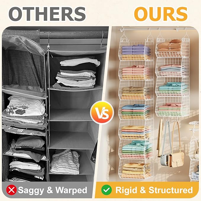 X-cosrack 7 Tier Hanging Closet Organizer and Storage, Foldable Wire Closet Shelving with 5 S Hooks,Hanging Basket for Clothes Sweaters Shoes Handbags,Wardrobe Kitchen Laundry Room-White