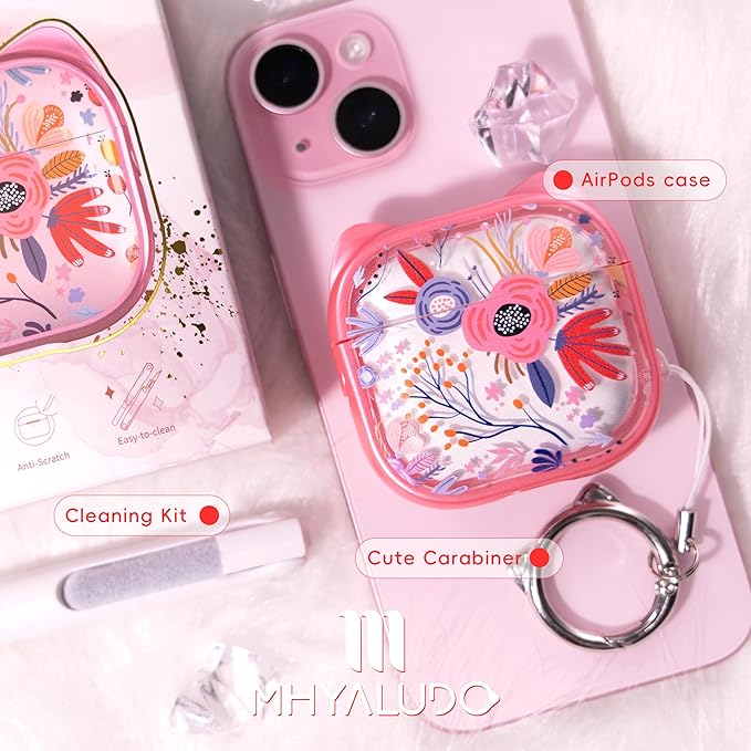 for AirPods 4 Case with Cleaning Kit, Cute Cat Ear Print Design & Cute Buckle, Inverted Phone Holder Design, Top Safe Lock Buckle Design, for Girls AirPods 4 case 2024,Clear Flowers