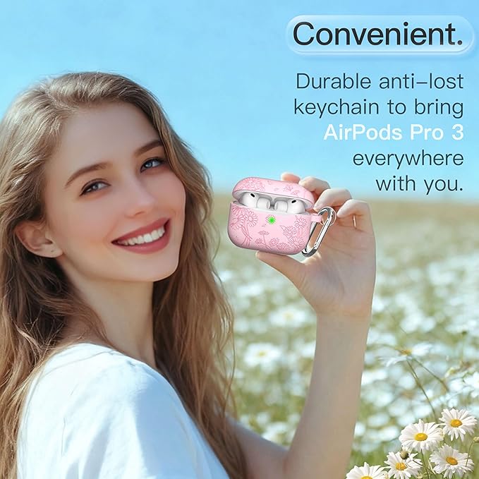 for AirPods Pro 3 Case (2025) DamonLight Daisy Floral Engraved Shockproof Protective Soft Silicone Case Cover with Cleaning Pen and Keychain for Apple Airpods Pro 3rd Generation (Pink)
