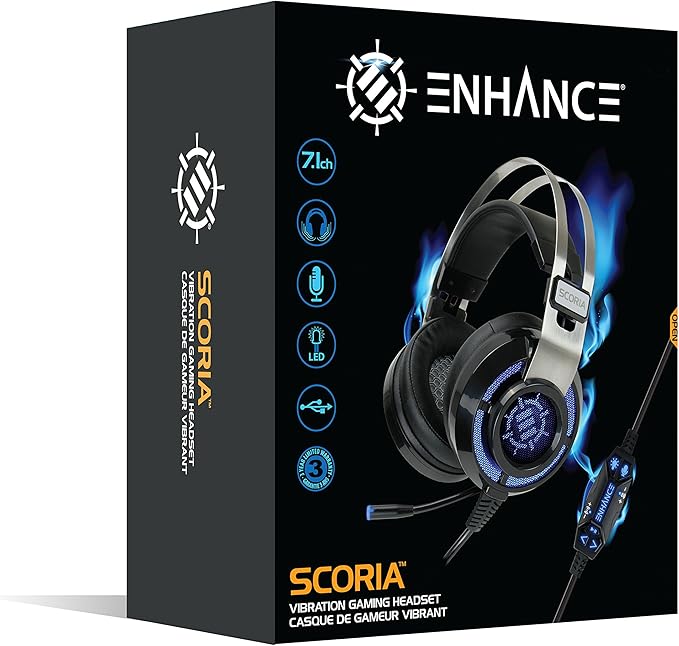 ENHANCE Scoria USB Gaming Headset with Noise Cancelling Mic, 7.1 Surround Sound, Bass Vibration, LED Lighting & In-Line Controls - Gaming Headphones for PC, Laptop, PS5, PS4 - TeamSpeak Certified