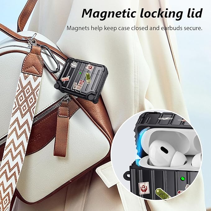 Filoto Compatible with Airpods Pro 3 Case 2025, Cute Fashion Suitcase Design for Airpods Pro 3rd Generation Case Cover, Shockproof Protective Hard Case with Keychain/Cleaner Kit(Black)
