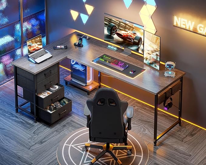 AODK L Shaped Desk with 4 Tier Drawers, 61" Reversible Gaming Desk with Power Outlets, L Shaped Computer Desk with USB Charging Port and Host Stand, Home Office Corner Desk, Easy to Assemble, Grey Oak