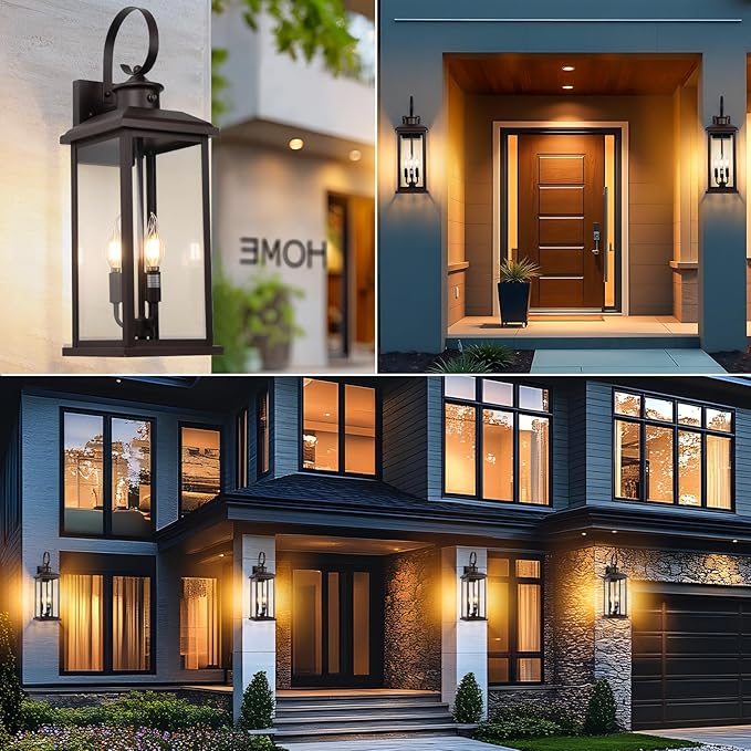 2Pack Dusk to Dawn Outdoor Wall Light Fixture, 24in Bronze Large 3-Light Modern Porch Lantern, Waterproof Exterior Lighting Sconce Wall Mount, Outside Lamp for House Garage Patio E12 Base
