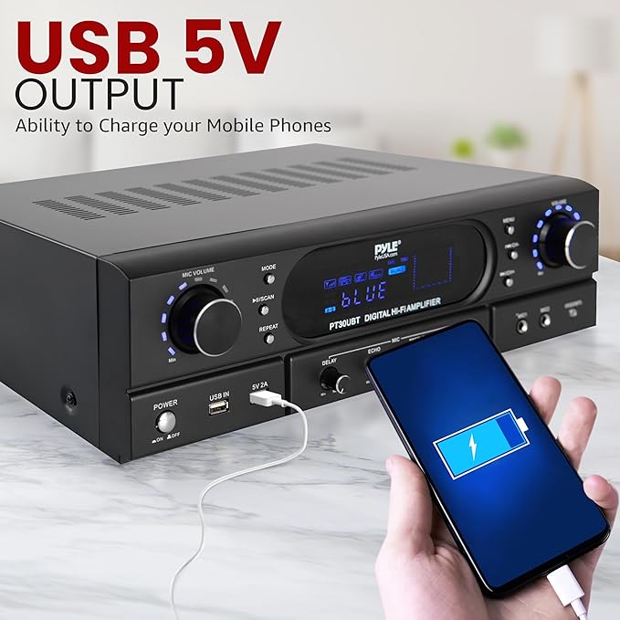 Pyle Bluetooth Home Theater Receiver Amplifier - 180W Peak Power Amp w/Treble, Bass, Echo Control, MP3/USB/FM, Dual Channel Audio Stereo System for Home Streaming Entertainment, Karaoke, Professional