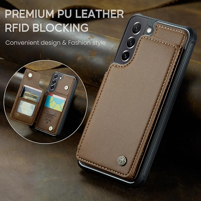 Bemal for Samsung Galaxy S21 FE Wallet Case with Card Holder, RFID Blocking, Shockproof Leather Kickstand for Men and Women, Durable Protective Phone Cover for 6.4", Brown