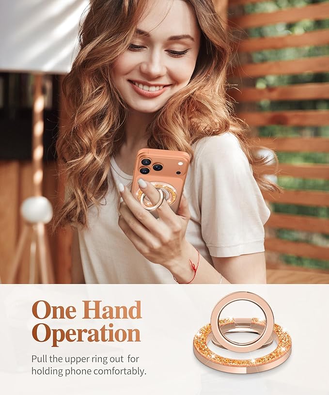GVIEWIN Magnetic Phone Ring Holder, Compatible with MagSafe Phone Grip with Adjustable Stand, Magnet Phone Ring Kickstand for iPhone 17/16/15/14/13/12 Pro Max Plus Air/Other Phones (Glitter/Orange)