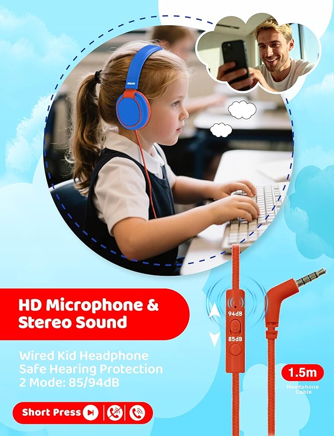 MIDOLA Kids Headphone Wired Volume Limited 85/94dB Over-Ear/On-Ear Foldable Headset with Microphone Hearing Protection Headphones for Toddler Boy Girl Child School Learning Pad Tablet Blue