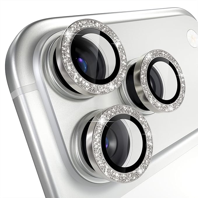 Misea Compatible for iPhone 17 Pro/iPhone 17 Pro Max Camera Lens Protector Bling, 9H Tempered Glass Camera Cover Screen Protector Metal Individual Ring Decoration Accessories, Natural Titanium Glitter