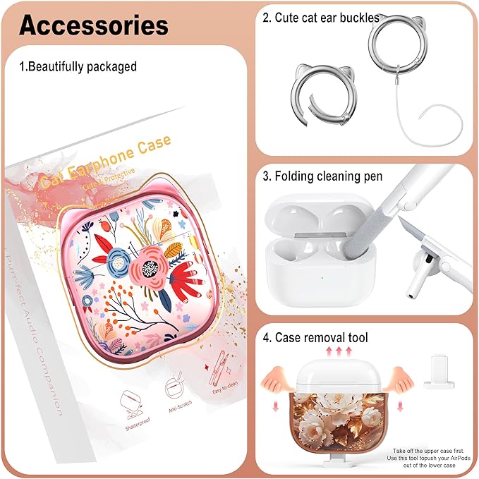 RFUNGUANGO AirPods 4 Case for Women Girly Cat Case with Lock, Phone Stand, Keychain & Cleaner Kit, Compatible with Apple Airpods 4th Generation Case Cover, Rose Gold Peony