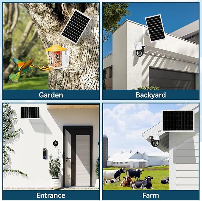 8W Solar Panel Charger for Outdoor Security Cameras, with Micro USB/USB-C and DC (35 x 135) Port, Fits Ring/Eufy/Wyze/Bird Feeder Camera, 13ft Cable, Fast Charging (1 Pack)