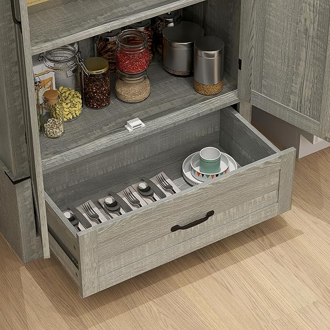HOMCOM 72" Tall Farmhouse Kitchen Pantry Cabinet - Kitchen Storage Cabinet with Adjustable Shelves & 2 Barn Doors & Drawer, Versatile Storage Unit for Dining Room, Distressed Light Gray