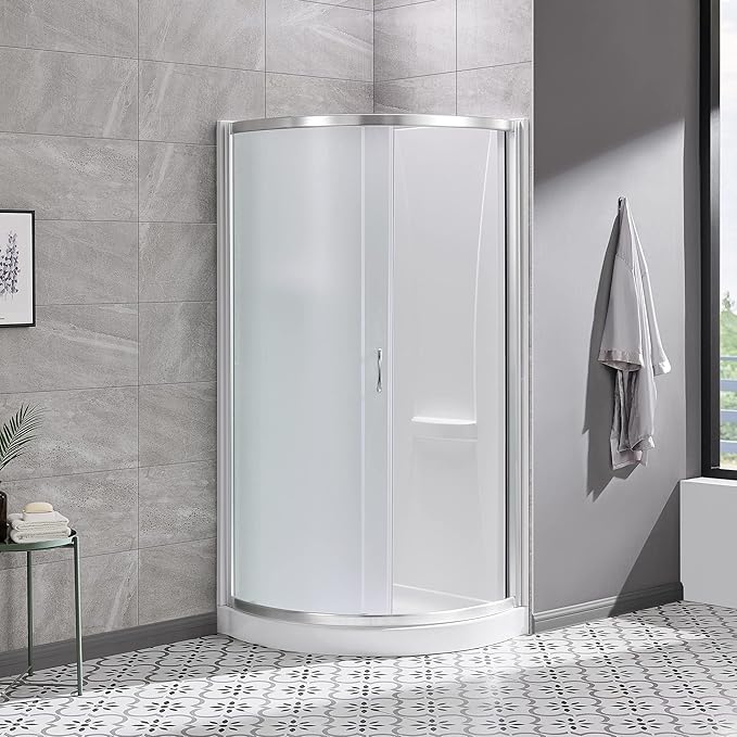 OVE Decors Breeze 34 in. Corner Shower Frosted Sliding Door with Base in Satin Nickel Finish