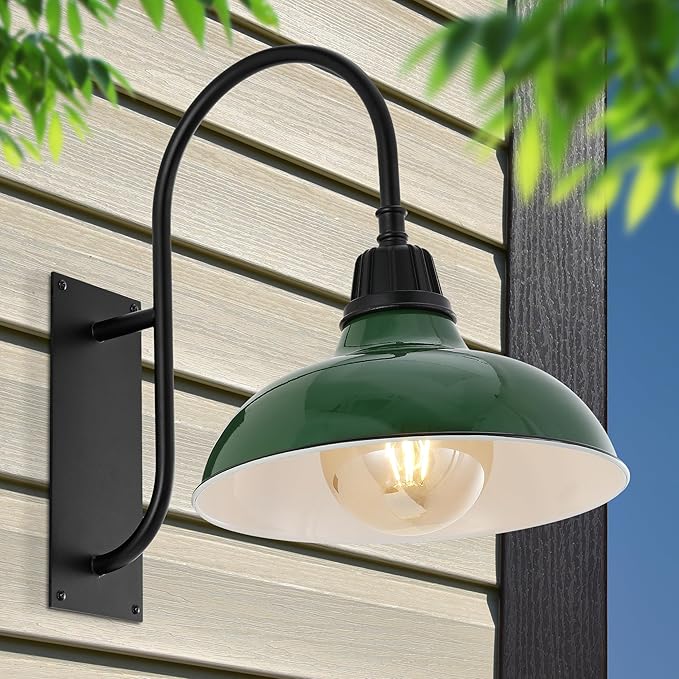 JONATHAN Y JYL7614F Stanley 12.25" 1-Light Farmhouse Industrial Indoor/Outdoor Iron LED Gooseneck Arm Outdoor Sconce Metal Bowl Shade Vintage Cottage Rustic Porch Patio Yard Barn, Green