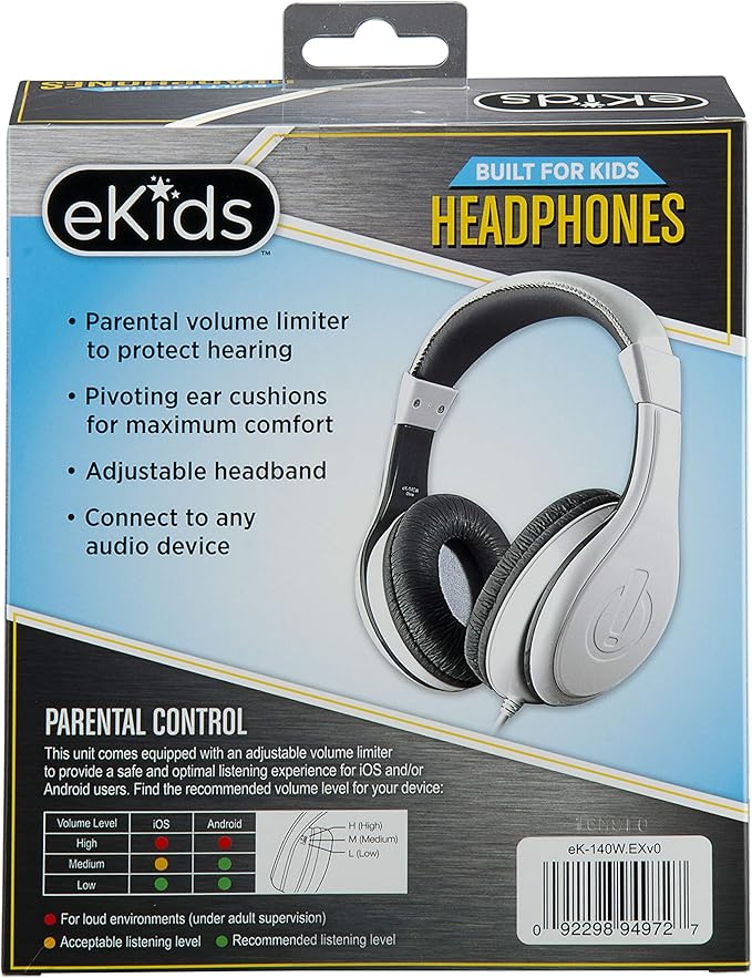 eKids Kids Headphones, Stereo Sound, 3.5mm Jack Cord, Wired Headphones for Kids, Tangle-Free, Volume Control, Childrens Earphones Over Ear for Travel White