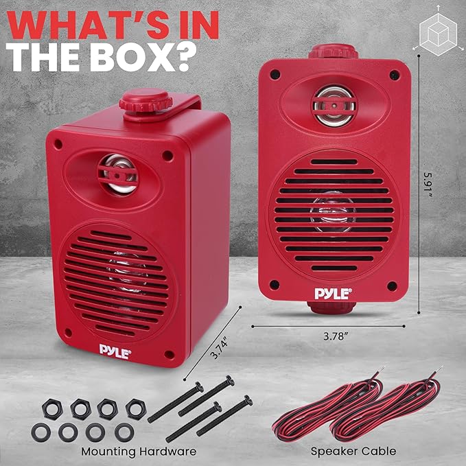 Pyle 200 Watt Bluetooth Indoor Outdoor Speakers Pair - Dual Waterproof 3.5” 2-Way Full Range Speaker System w/ 1/2” High Compliance Polymer Tweeter | Home, Boat, Marine, Deck, Patio, Poolside (Red)