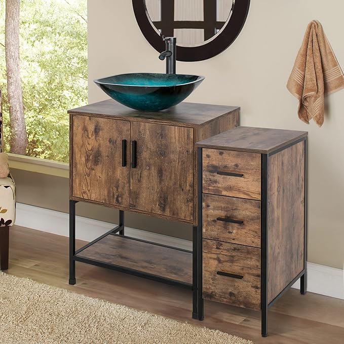 eclife 36" Bathroom Vanity Sink Combo Modern Metal Stand Cabinet W/Bottom Shelf & Storage Side Cabinet Turquoise Square Vessel Sink & Water Save Faucet & Pop Up Drain, Rustic Brown (A10)