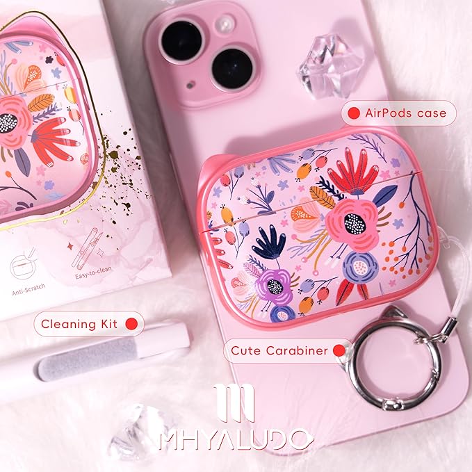 for AirPods Pro 2 Case with Cleaning Kit, Cute Cat Ear Print Design & Cute Buckle for Girls, Phone Holder & Top Safe Lock Buckle Design for AirPods Pro 2nd/1st Gen case, Pink Flower