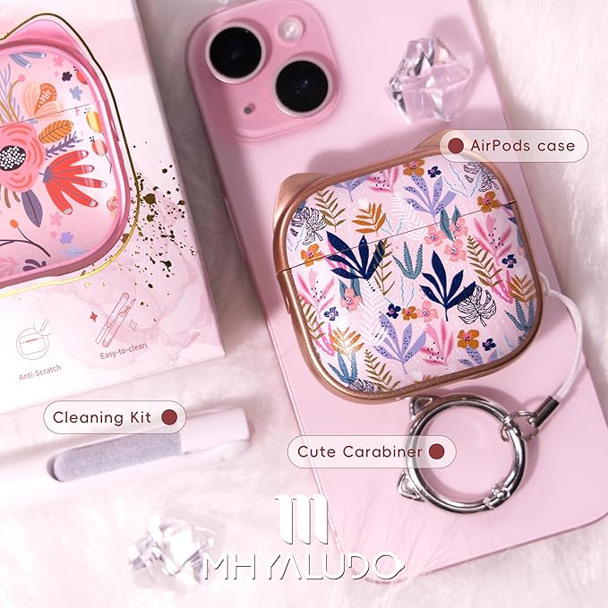 for AirPods 4 Case with Cleaning Kit, Cute Cat Ear Print Design & Cute Buckle, Inverted Phone Holder Design, Top Safe Lock Buckle Design, for Girls AirPods 4 case 2024, Rose Gold Leaves