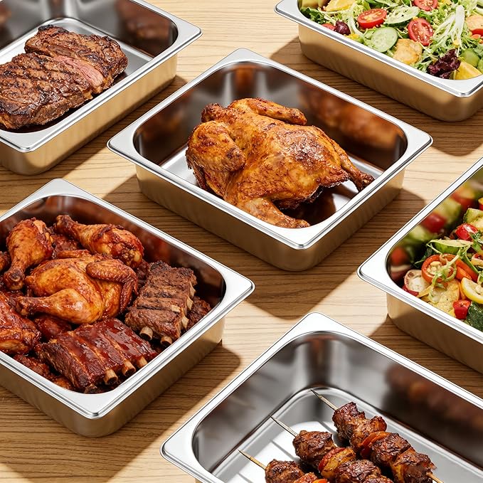 4 Pack Hotel Pans with Lids 1/2 Size 4" Deep, Stainless Steel Steam Table Pan with Lid, Commercial Metal Buffet Food Storage Container, Anti-Jam Design, for Restaurant, Kitchen, Party, Home