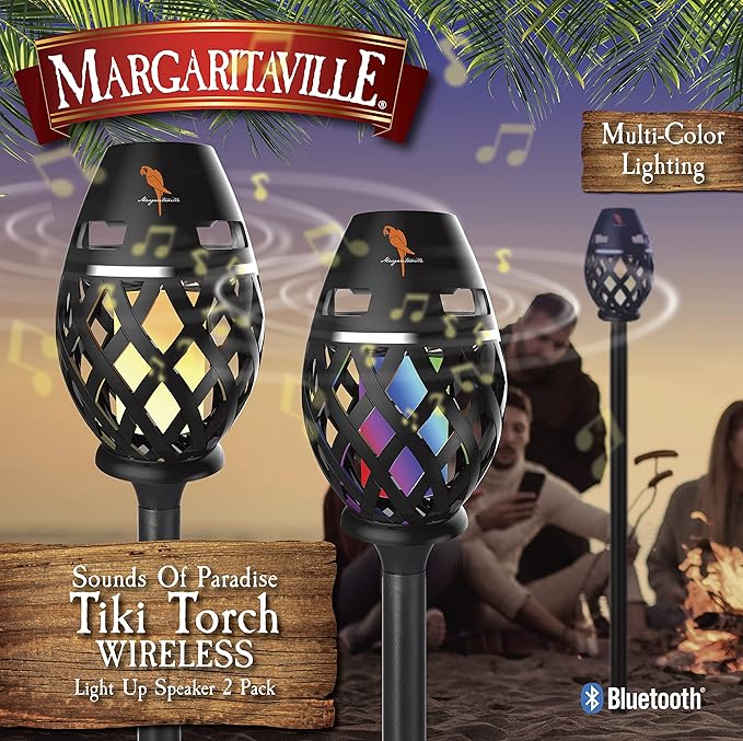Margaritaville Tiki Torch - Waterproof Bluetooth Speaker, Portable Party Speaker with Multicolor LED Lights, Perfect for Travel, Parties, Yards, and Pools (2 Pack)
