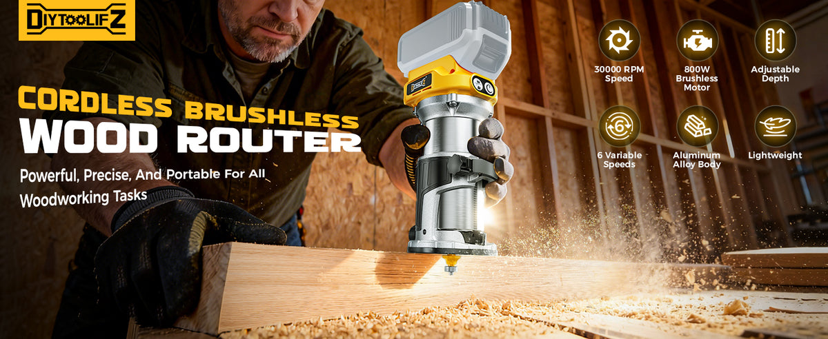 Cordless Router Tool Compatible with Makita 18V Battery(Tool Only), 800W Brushless Wood Router, 6-Speed Control, Depth Adjustment, Edge & Roller Guide, Router Bits Included