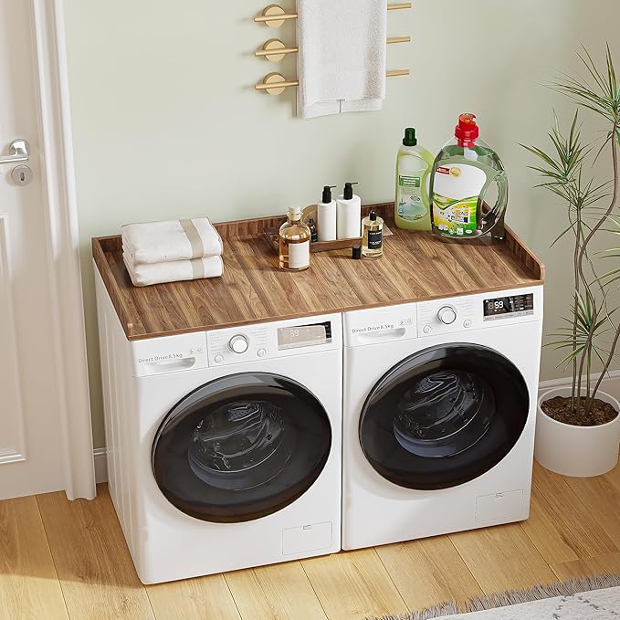 Washer Dryer Countertop,27.5" x 54" Wood Topper for Laundry Room Organization,Laundry Countertop Over Washer and Dryer,with Edge Rails,Non-Slip Mat,Easy to Assemble