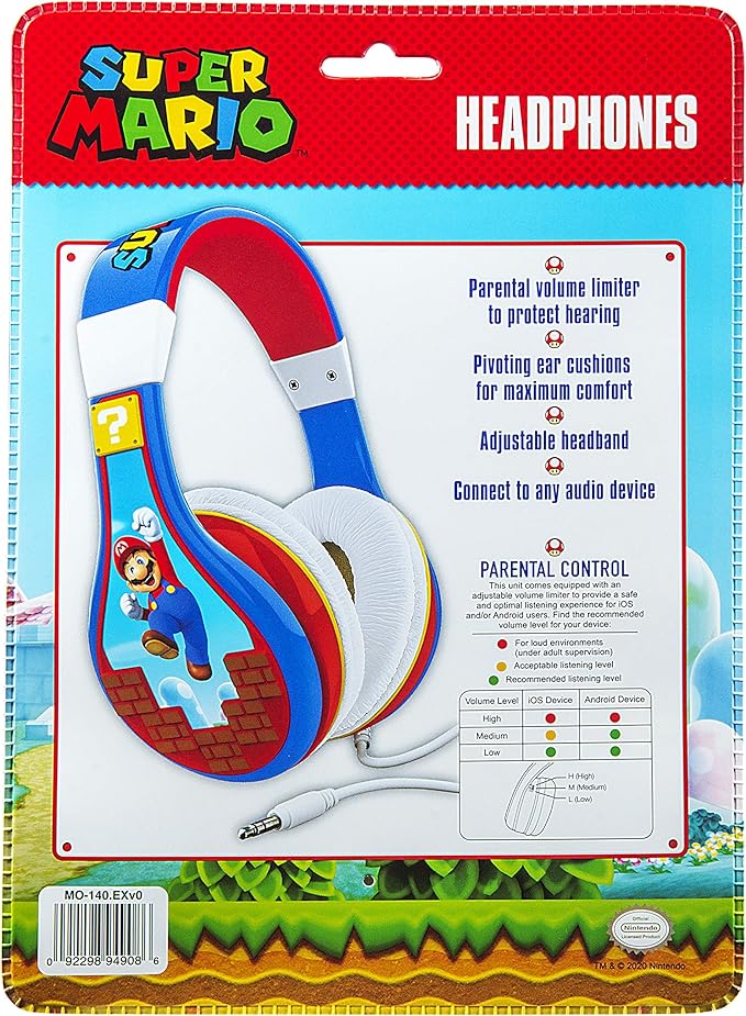 eKids Super Mario Kids Headphones, Adjustable Headband, Stereo Sound, 3.5Mm Jack, Wired Headphones for Kids, Tangle-Free, Volume Control, Childrens Headphones Over Ear for School Home, Travel